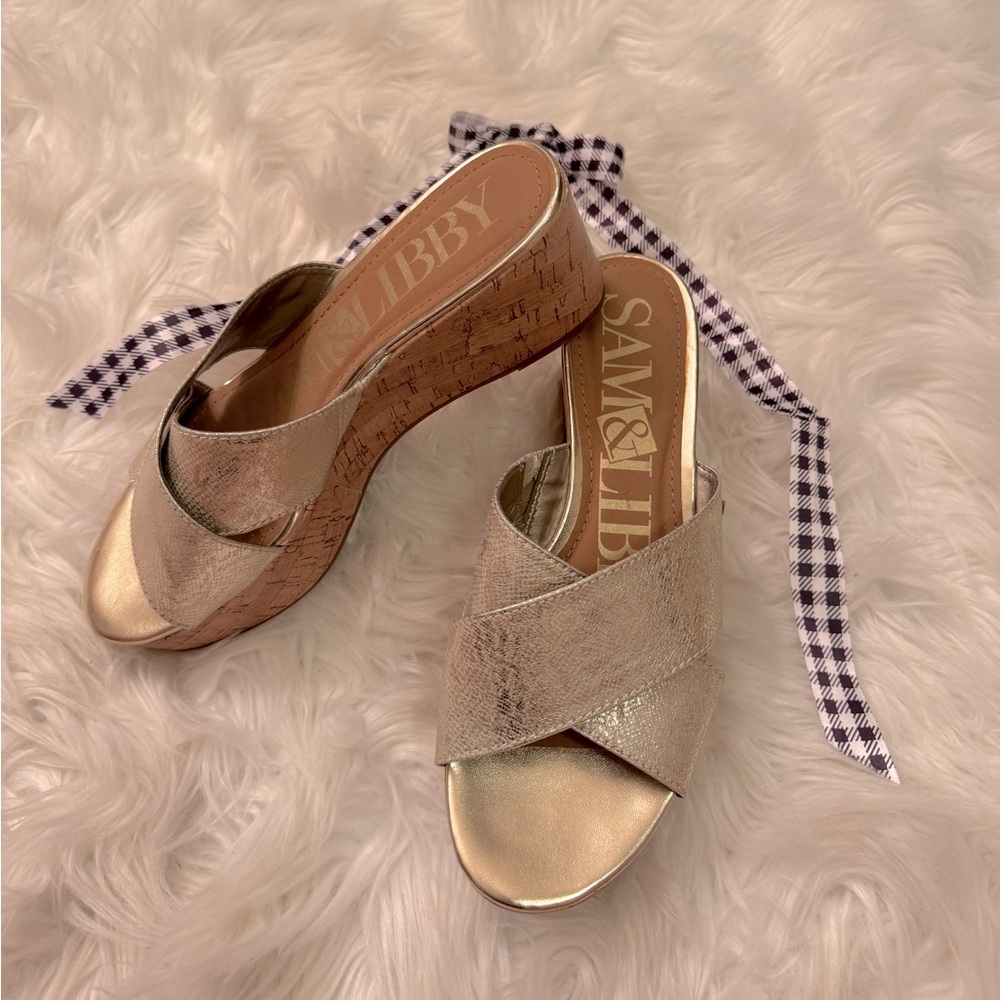 Sam & Libby Gold Cork Wedge Platform Sandals, size 8